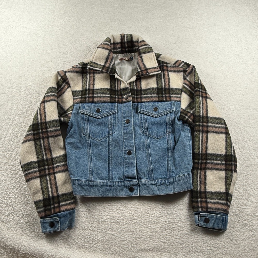 Vintage Havana Denim and Plaid Jacket Womens Medium Blue Denim Button Front